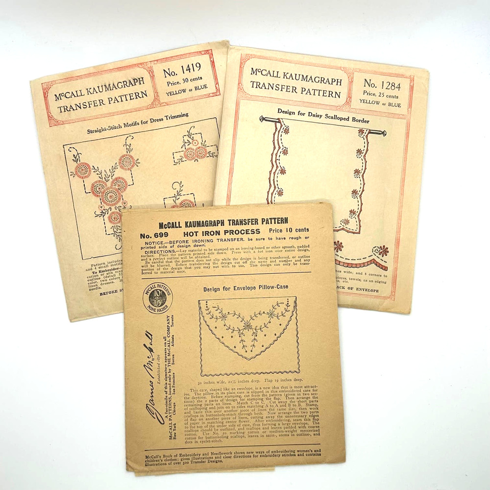 McCall Antique Kaumagraph Transfer Patterns #1419, #1284, #699 Lot of 3